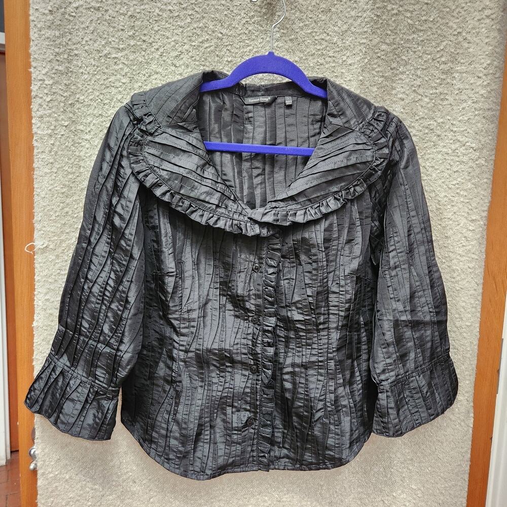 Samuel Dong Black Ruffled Silk-Blend Blouse
